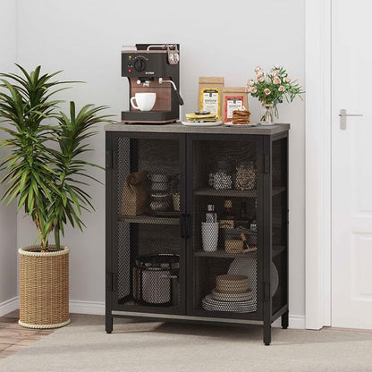 Small Coffee Bar Cabinet with Storage, Farmhouse Liquor Cabinet for Home Coffee Station, Wood Sideboard Buffet with Doors for Kitchen, Dining Room, Living Room, Dark Grey Oak