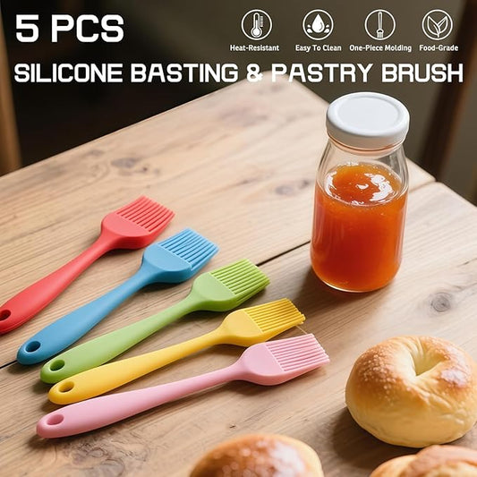 Silicone Basting Pastry Brush, 5 PCS Heat Resistant Food Brush Set, One-Piece Design, Stainless Steel Core Oil Brush of Baking, BBQ, Spreading Oil, Butter, Grilling, Marinade, Dishwasher Safe