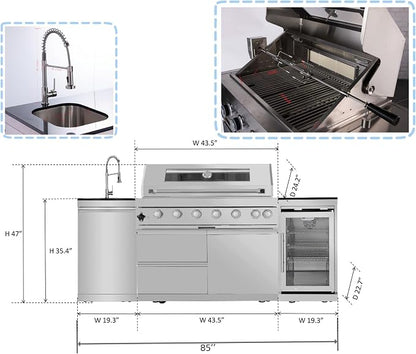 6 Burner Outdoor Kitchen Island with Grill, 85000 BTU Deluxe Stainless Steel Modular Outdoor Kitchen, Gas Propane BBQ Island with Refrigerator, Sink, Rotisserie, Storage Cabinet, Silver