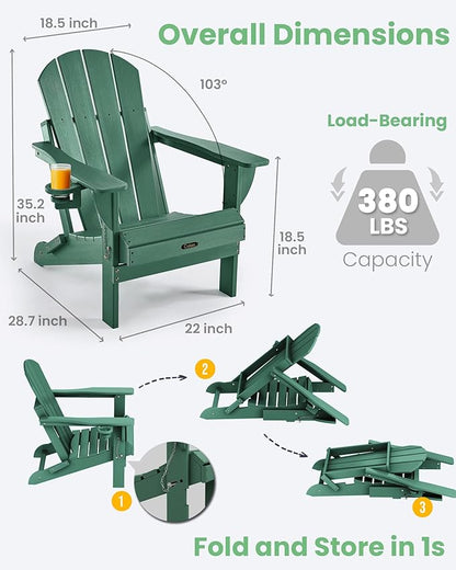 Ciokea Folding Adirondack Chair 2 Pack, Patio Adirondack Chair Weather Resistant, Plastic Fire Pit Chair with Cup Holder, Lawn Chair for Outdoor Porch Garden Backyard Deck (Green)