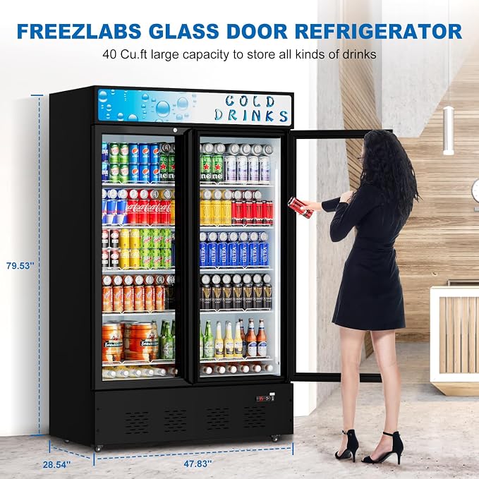 Commercial Display Refrigerator Glass Door 40 cu.ft Commercial Beverage Refrigerators with LED and Shelves for Cafe, Restaurant, Store