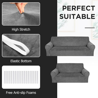 Peryiter 2 Pcs Couch and Loveseat Sofa Covers,Dark Gray,Velvet | Armchair Covers for Living Room, Sofa Cushion Slipcover 2/3 Seater, Furniture Protector, Polyester and Spandex, Washable