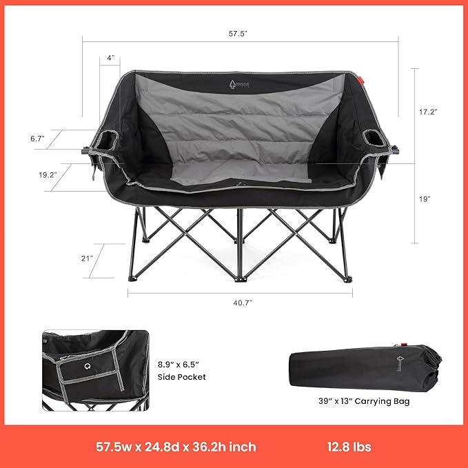 ARROWHEAD OUTDOOR Wide Duo Foldable Heated Camping Loveseat Chair, Black | 57 in, 3-Stage Heating, Large Cup Holders, Glass Holders, Side Pockets, and Storage Pouches, and Grey, Beach, Tailgating