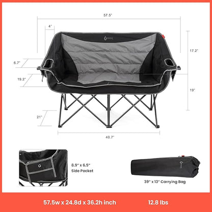 ARROWHEAD OUTDOOR Wide Duo Foldable Heated Camping Loveseat Chair, Black | 57 in, 3-Stage Heating, Large Cup Holders, Glass Holders, Side Pockets, and Storage Pouches, and Grey, Beach, Tailgating