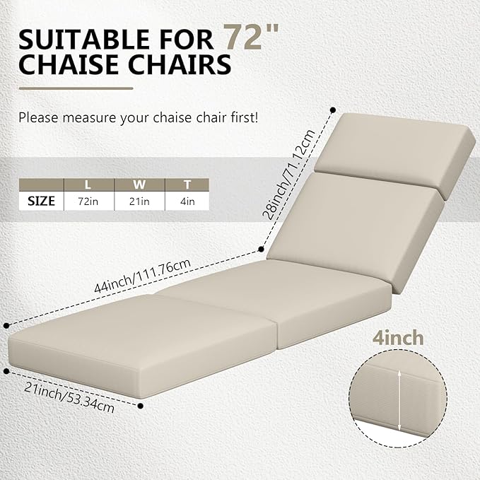 2 Pcs Chaise Lounge Cushions Outdoor, 72 x 21 x 4 Inch Lounge Chair Cushions for Outdoor Furniture - Waterproof Lounge Patio Replacement Cushion, 4In Thick Fade-Resistant Patio Chaise Lounge Cushion