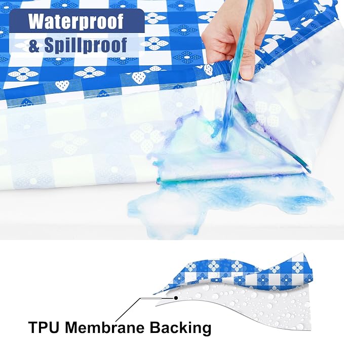 Smiry Picnic Table Cover with Bench Covers, Waterproof Elastic Fitted Tablecloth for 6 Foot Tables, Washable Polyester Tablecloths for Camping, Indoor & Outdoor (Blue & White, 30x72 Inch 3-pc Set)