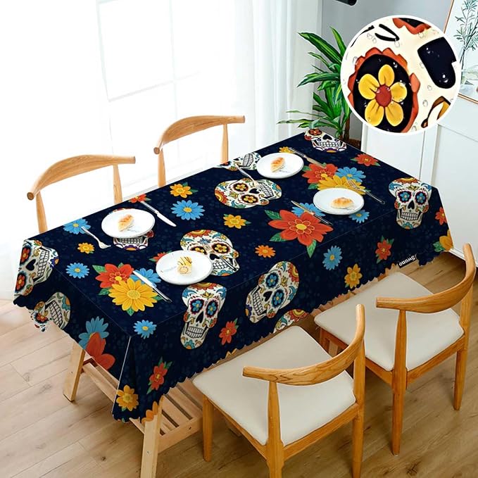 Swono Day of The Dead Table Cloth Rectangle Tables Mexican Sugar Skulls Flowers Kitchen Table Cover Oblong 52"X70" Tablecloth for Dining Table Buffet Parties Patio and Camping