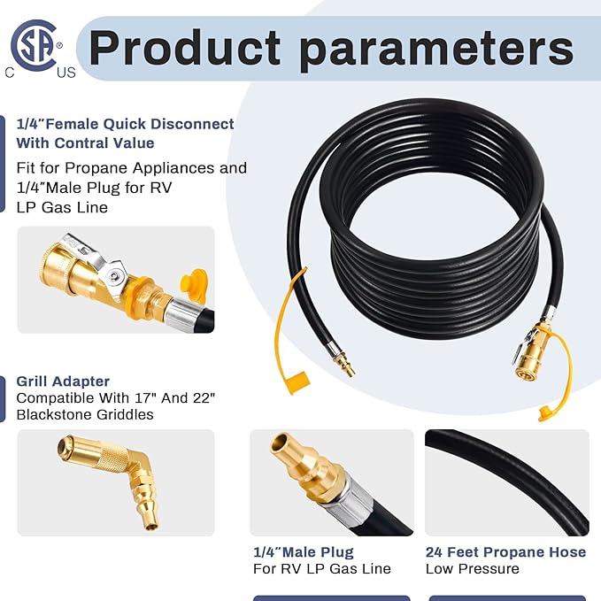 Upgraded 24FT RV Quick Connect Propane Hose for RV to Grill, Low Pressure Quick Connect Propane Hose with Elbow Adapter for 17" and 22" Blackstone Griddles/Grills