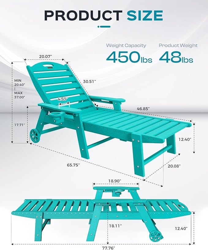 Ciokea Outdoor Chaise Lounge Chair Set of 2, Patio Lounge Chairs for Outside, HDPE Lounge Chair with Wheels & Cup Holder, Poly Chair with 5 Position for Poolside, Deck, Lake Blue