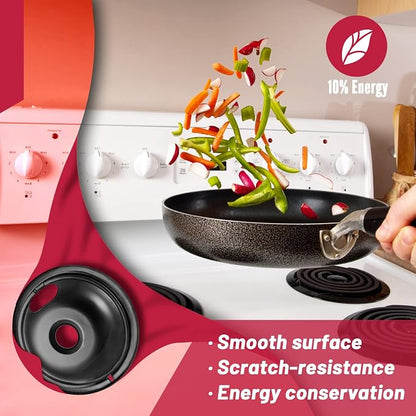 WB31M19 and WB31M20 GE Drip Pans for Electric Stove, 10% Energy Save by Enamel Spraying Prevent Bending and Rust -Includes a Set of 4 Black Stove Drip Pans(2 * 6+2 * 8)