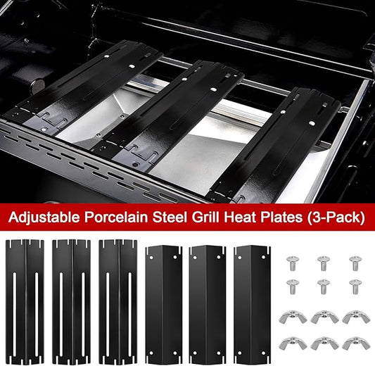 GasSaf Adjustable Heat Plate Shield, Universal Heat Plates for Expert Grill Parts Extend from 11.75" up to 21" L, Flame Tamer Replacement Part for Charbroil Chargriller Brinkmann Thermos Grills 3-Pack