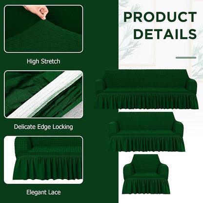 Fanfanwin 3 Pcs Sofa Slipcover Set for Couch Cushion Durable Washable High Elastic Stretchable Furniture Couch Covers with Skirt for Sofa Loveseat Arm Chair(Dark Green,Seersucker)