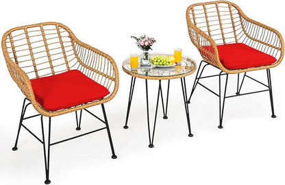 Tangkula 3 Pieces Patio Bistro Set, Rattan Conversation Set with 2 Cushioned Armchairs & Round Glass Coffee Table, Indoor Outdoor Wicker Furniture Set for Balcony, Backyard, Garden, Poolside