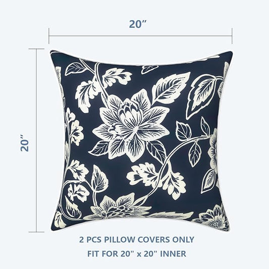LVTXIII Set of 2 Patio Throw Pillows Covers Waterproof 20x20 Fade Resistant Outdoor Throw Pillow Case, Fluffy Decorative Garden Toss Pillow Covers for Home Patio Coach Sofa Use, Elegant Vines Navy