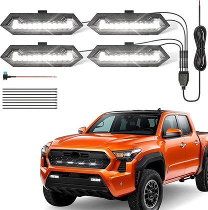 LED Grill Lights - 4PCS Front Grill Lights for Toyota Tacoma TRD Sport TRD Off-Road TRD Pre Runner 2024 2025 2026 with Fuse Adapter & Harness (White Light with Black Shell)