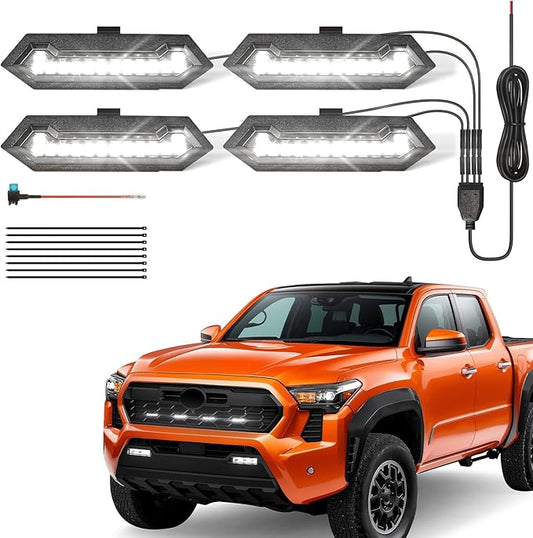 LED Grill Lights - 4PCS Front Grill Lights for Toyota Tacoma TRD Sport TRD Off-Road TRD Pre Runner 2024 2025 2026 with Fuse Adapter & Harness (White Light with Black Shell)