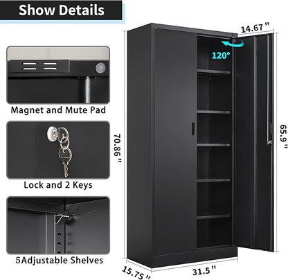 Wanfu Metal Storage Cabinet, 71”H Metal Garage Cabinet with 5 Adjustable Shelves, Locking Storage Cabinets for Garage, Home, Office, Pantry(Black)