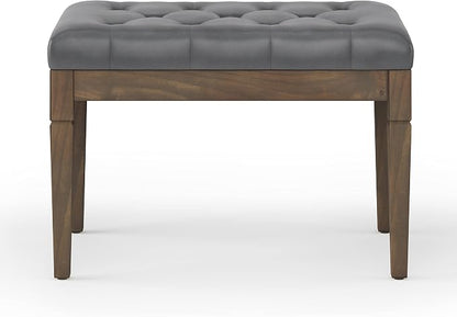 SIMPLIHOME Dahlia 18" x 46" Solid Wood Outdoor Indoor Bench in Taupe | Traditional tufted ottoman bench with carved legs; ideal bedroom or living room footstool or footrest.