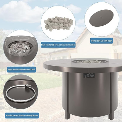 48" Round Propane Fire Pit Table,55000 BTU Round Firepit,Outdoor Fire Pit with Fire Glass,Lid,Waterproof Cover and Blue Glass Stone for Backyard,Garden,Patio