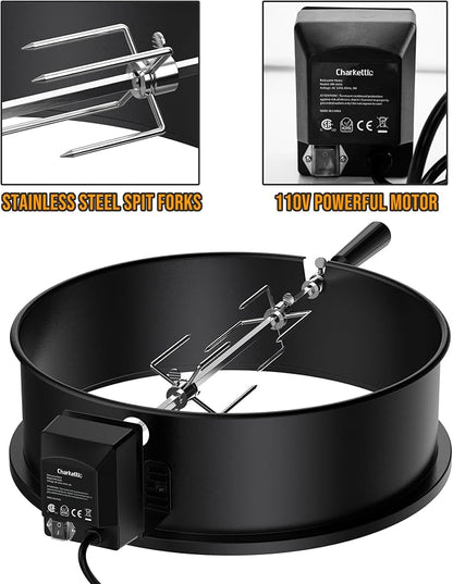 Skyflame Charkettle Rotisserie Ring Kit, Black Coated Steel | Compatible with Weber 18" Charcoal Kettle Grills, Compatible with Other Similar Kettle Grills, BBQ Grill Rotisserie Kit