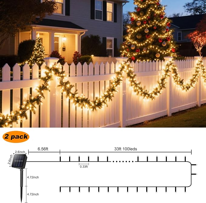 2 Pack Solar String Lights for Outside,Each 33Ft 100 LED Solar String Lights Outdoor Waterproof with 8 Modes,Solar Lights Outdoor for Patio, Garden, Tree, Party Decor-Warm White