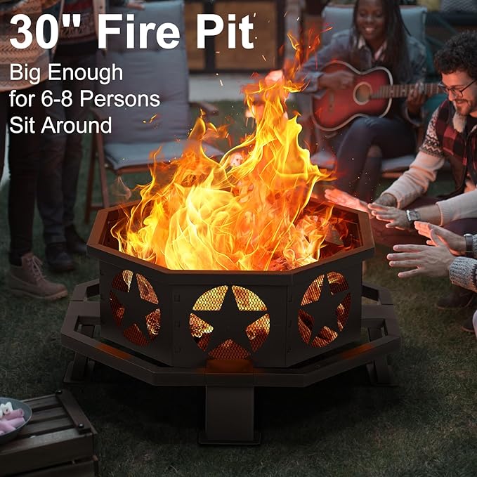 Panovue 32 inch Fire Pit for Outside, Heavy Duty Wood Burning Fire Pits with Fire Poker, Outdoor Octagonal Firepit for Camping, Yard, Patio