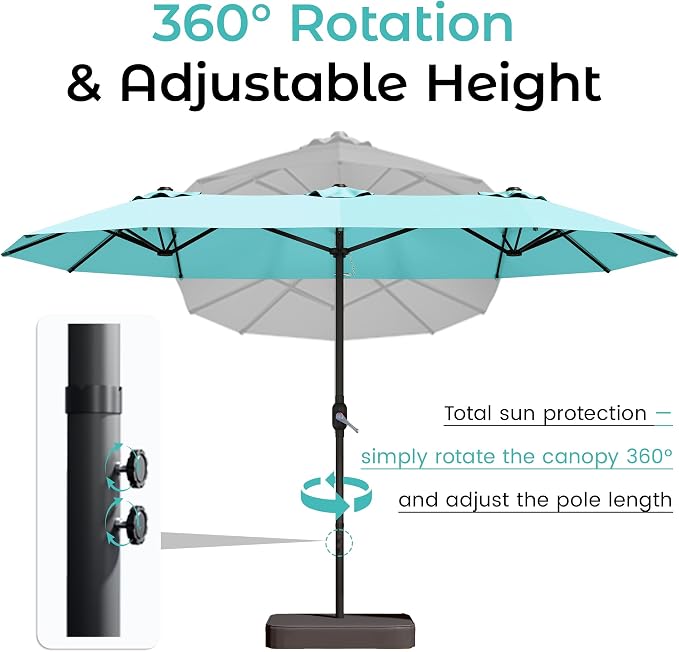 DomeShade 15ft Outdoor Umbrellas for Patio with Base,Outdoor Double-Sided Rectangle Market Umbrella with Crank Handle&Stand,Awnings for Outside Umbrellas for Poolside Lawn Backyard Garden,Turquoise