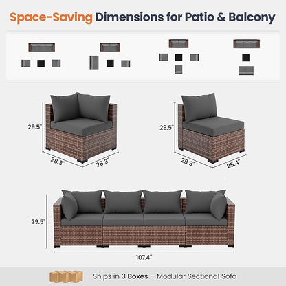 UDPATIO Patio Furniture Set with Fire Pit Table, 5 Piece Outdoor Sectional Sofas, All-Weather Wicker Conversation for Garden, Backyard, Grey