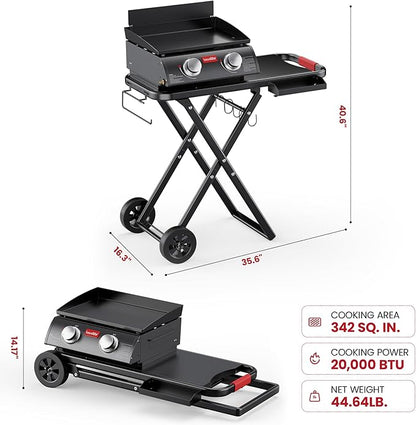 Laudlife 2 Burner Propane Gas Griddle with Removable Stand & Side Table, Converts to Tabletop, Non-Stick Enameled Cast Iron & 342 SQ.IN, Easy Cleanup, Folds Compact for Camping, Tailgating, Backyard