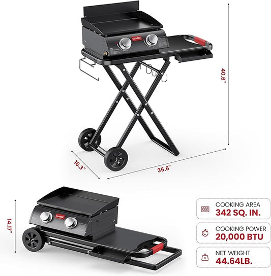 Laudlife 2 Burner Propane Gas Griddle with Removable Stand & Side Table, Converts to Tabletop, Non-Stick Enameled Cast Iron & 342 SQ.IN, Easy Cleanup, Folds Compact for Camping, Tailgating, Backyard