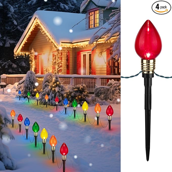 Brightown 4 Pack C9 Christmas Pathway Lights Outdoor, Total 69.6 Ft 40 C9 Pathway Lights, Waterproof Connectable Christmas Walkway Light for Yard Ground Sidewalk Driveway