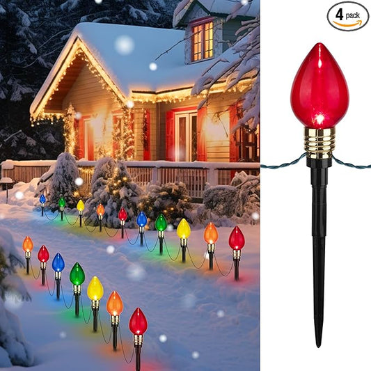 Brightown 4 Pack C9 Christmas Pathway Lights Outdoor, Total 69.6 Ft 40 C9 Pathway Lights, Waterproof Connectable Christmas Walkway Light for Yard Ground Sidewalk Driveway
