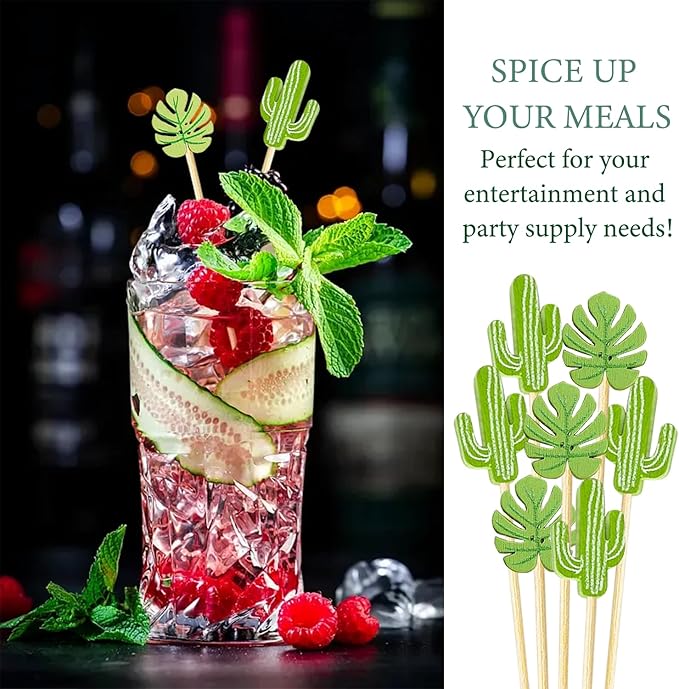 150 PCS Green Cocktail Picks Cactus Cute Handmade Sticks Bamboo Wooden Leaf Toothpicks Summer Party Decorations Appetizer Skewers