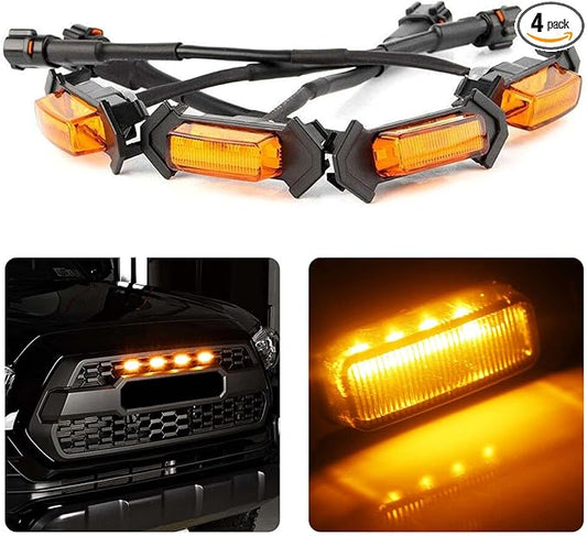 4PCS LED Grill Lights, LED Amber Grill Light, Front Grille Bumper Raptor Lamps Car Accessories with Harness, Compatible with 2016-2019 Toyota Tacoma TRD PRO Front Grill