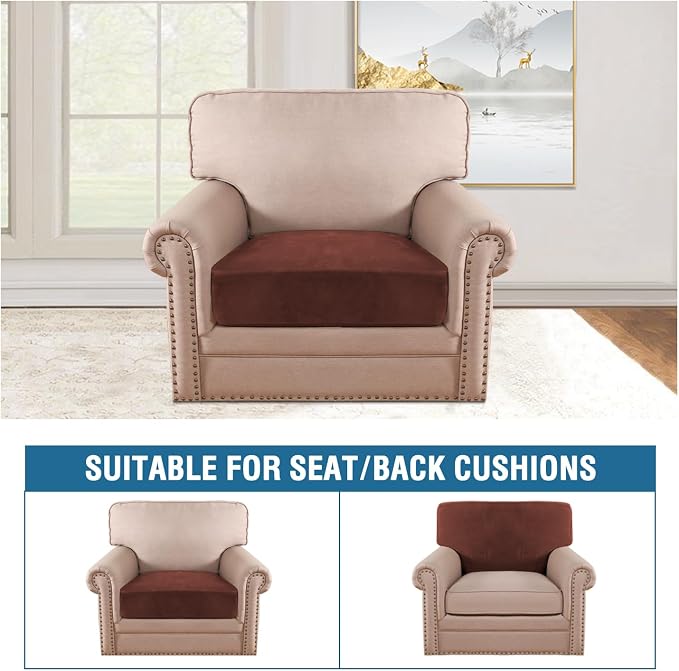 H.VERSAILTEX Velvet Stretch Couch Cushion Cover Plush Cushion Slipcover for Chair Cushion Furniture Protector Seat Cushion Sofa Cover (1 Piece Armchair Cushion Covers, Burnt Brick)