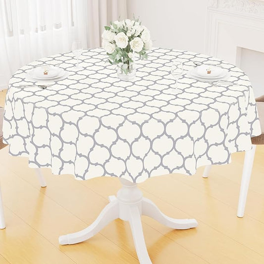 Smiry Round Plastic Table Cloth, Waterproof Vinyl Tablecloth with Flannel Backing for Round Tables, Wipeable & Spillproof for Dining, Camping, Indoor and Outdoor (60" Round, Beige)