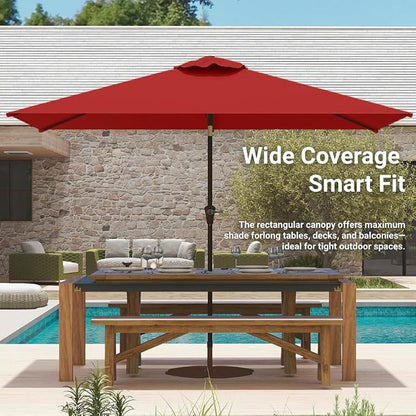 6.5' x 10' Rectangular Patio Umbrella Large Outdoor Market Umbrella w/UV Protection, Push Button Tilt and Crank Lift, Rectangle Table Umbrella for Garden, Deck, Pool, Patio, Red