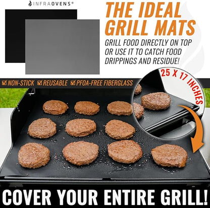 INFRAOVENS Set of 3 BBQ Grill Mats, Reusable Grilling Accessories for Outdoor Grill, Gas, Charcoal, Electric, XL Non-Stick - PFOA Free, Easy to Clean, Covers Entire Grill or Cut to Size, 25 x 17 Inch