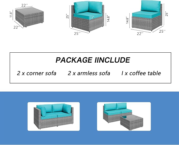 5 Piece Outdoor Patio Furniture Set, Silver Rattan Wicker Sectional Sofa, All Weather Conversation Set with Washable Cushions & Glass Coffee Table for Backyard Poolside Garden Porch,Blue