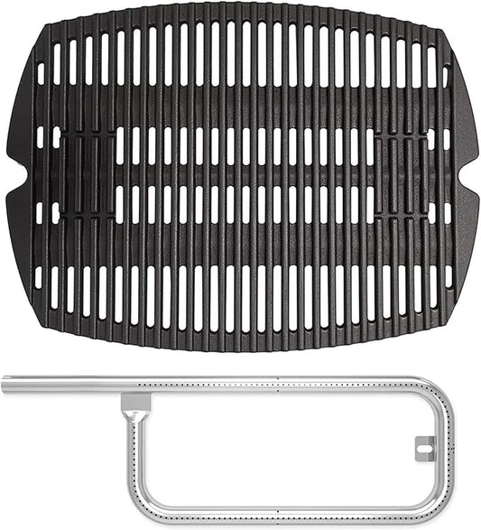SafBbcue 7644/7582 Cast Iron Cooking Grates & 60040 Grill Burner Tube kits for Weber Q1200 Q100 Q120 Q1000 50060001 386001 86002 516001 Grills, Grids & Grates for Baby Q Gas Grills, 17"