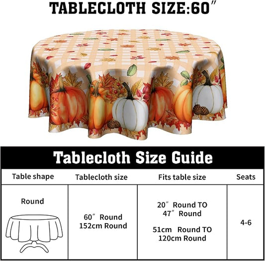 Sweetshow Thanksgiving Autumn Harvest Pumpkin Table Cloth Round Orange Plaid Fall Leaves Tablecloth 70 Inch Decor Washable Stain and Wrinkle Resistant Round Table Cover for Dining Party Picnic