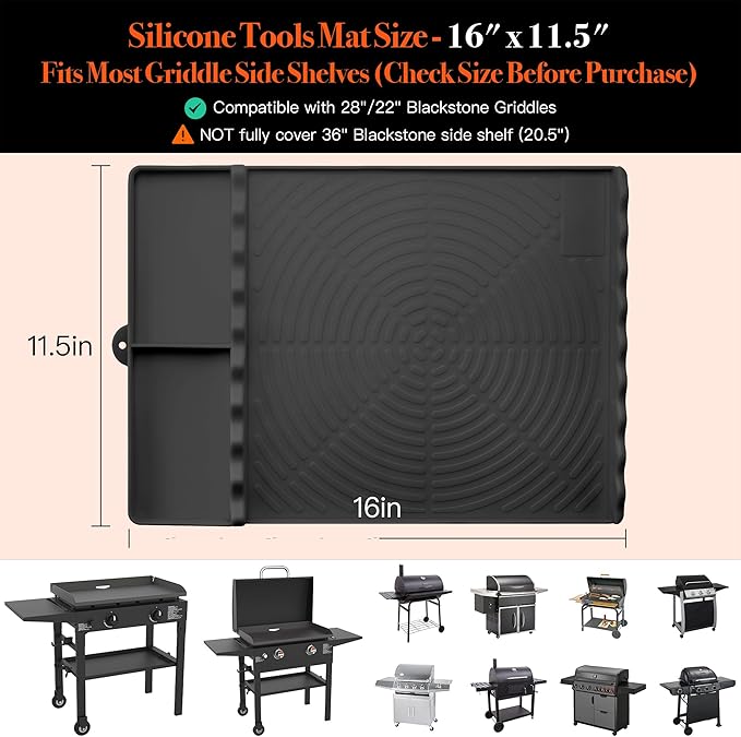 Silicone Grill Mat for Blackstone - BBQ Griddle Tools Side Mat with Drip Pad, Griddle Tools Mat for Outdoor Kitchen Countertop, BBQ Grill Accessories Gifts for Men (Black)