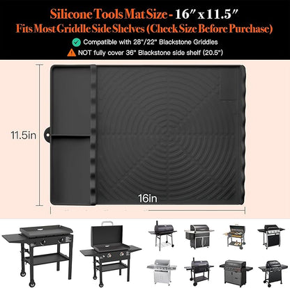 Silicone Grill Mat for Blackstone - BBQ Griddle Tools Side Mat with Drip Pad, Griddle Tools Mat for Outdoor Kitchen Countertop, BBQ Grill Accessories Gifts for Men (Black)