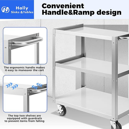 Hally Stainless Steel Utility Cart 3 Tier NSF Rolling Carts 31" Lx19 Wx34 H | Commercial Heavy Duty Metal Mobile Food Cart, with Handle and Wheels, for Kitchen, Restaurant, Hospital, Laboratory and Home