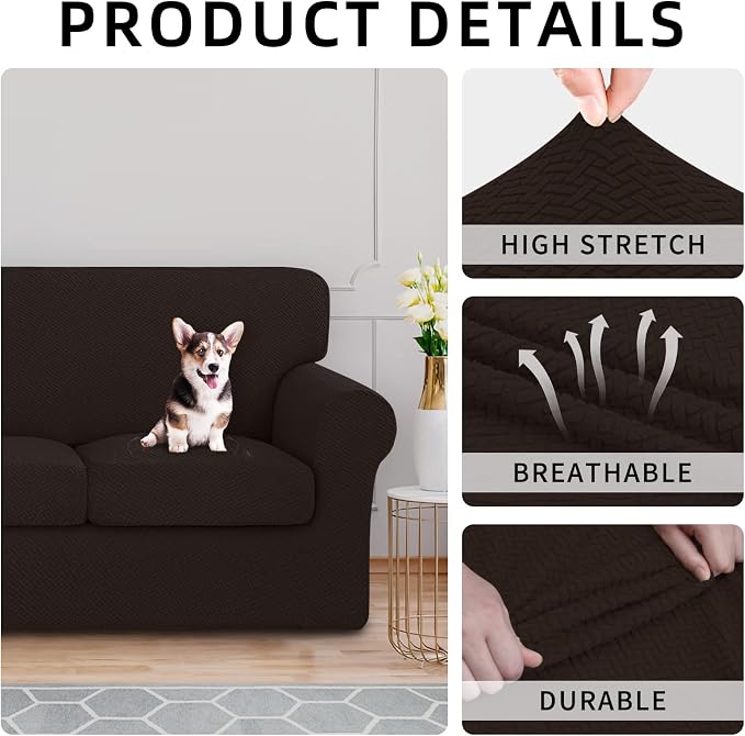 ISSUNTEX 3 Pieces High Stretch Thicken Loveseat Couch Covers, Soft Sofa Slipcover for 2 Separate Cushion Couch, Jacquard Fabric Elastic Sofa Cover Furniture Protector for Dogs (Loveseat, Chocolate)