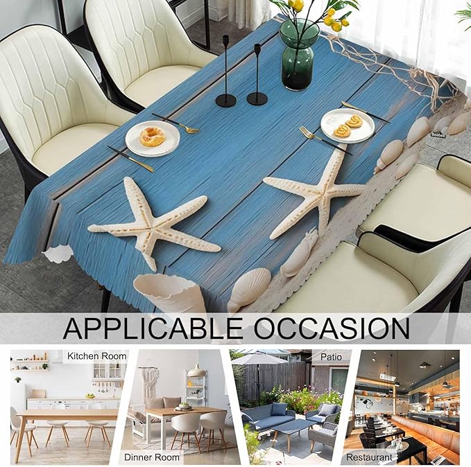 52x70 Inch Tablecloth Starfish Seashell, Beach Seashells Fishnet Rustic Wood Non-Fading Table Covers Kitchen Dinning Tabletop Decoration, Washable Table Cloth for Outdoor and Indoor Use