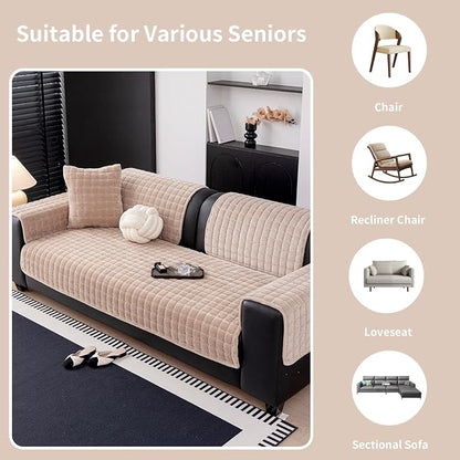 Velvet Couch Cover, Washable Sectional Sofa Cover, Anti Slip Sofa Slipcovers for 3 Cushion Couch Sofa L Shaped Recliner, Furniture Protector Covers for Pets Kids(Khaki, Only 1 PCS)
