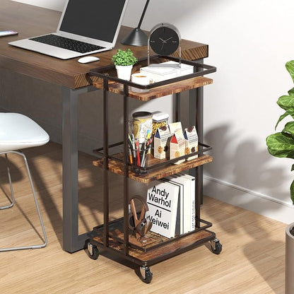 XYZLVSI Bar Cart, Home Bar Serving Cart, 3 Tier Kitchen Shelf with Wheels | Wood and metal, kitchen island storage cart with wheels, multifunction utility cart storage rack for dining room, living room