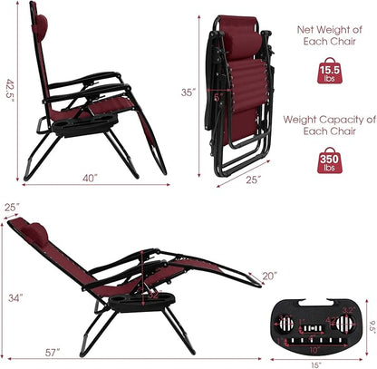 Goplus Zero Gravity Lounge Chairs, 160°Adjustable Folding Recliner w/Pillow and Cup Holder, 350LBS Comfy Outdoor Lounge Chairs for Patio, Lawn, Yard & Camp(1, Wine)