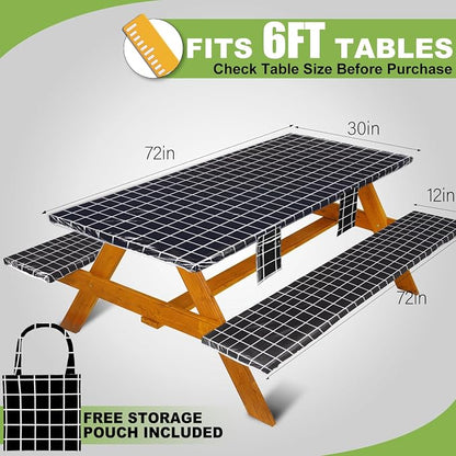Wrakus Picnic Table Cover with Bench Covers Vinyl Elastic Edges Fitted Rectangle Seat Tables Waterproof 3-Piece72X30in Set Outdoor Rectangular Folding Backing Tablecloth for Camping Over Size
